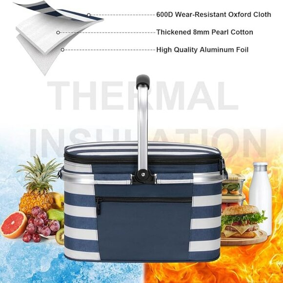 NEW Insulated Picnic Baskets Shoping Basket Cooler Bag Collapsible Portable - Picture 1 of 6